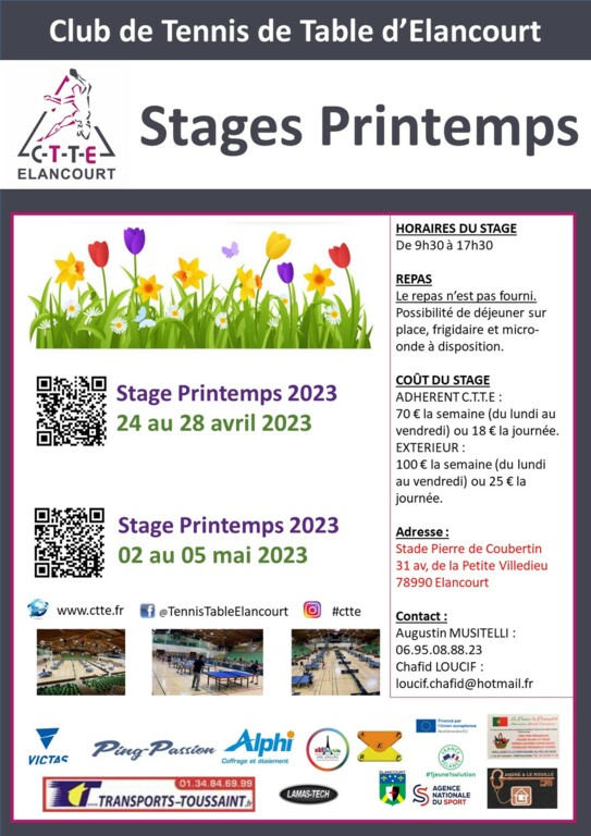 Stage vacance scolaire Printemps 2023 - du 24 au 28 avril 2023