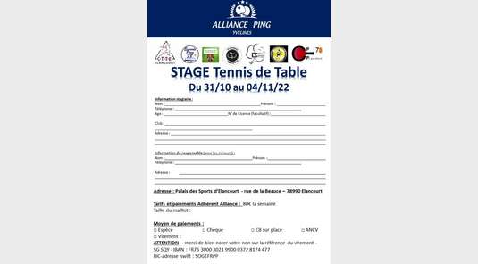 ALLIANCE PING YVELINES - Stage Tennis de Table DU 31/10 AU 04/11/2022